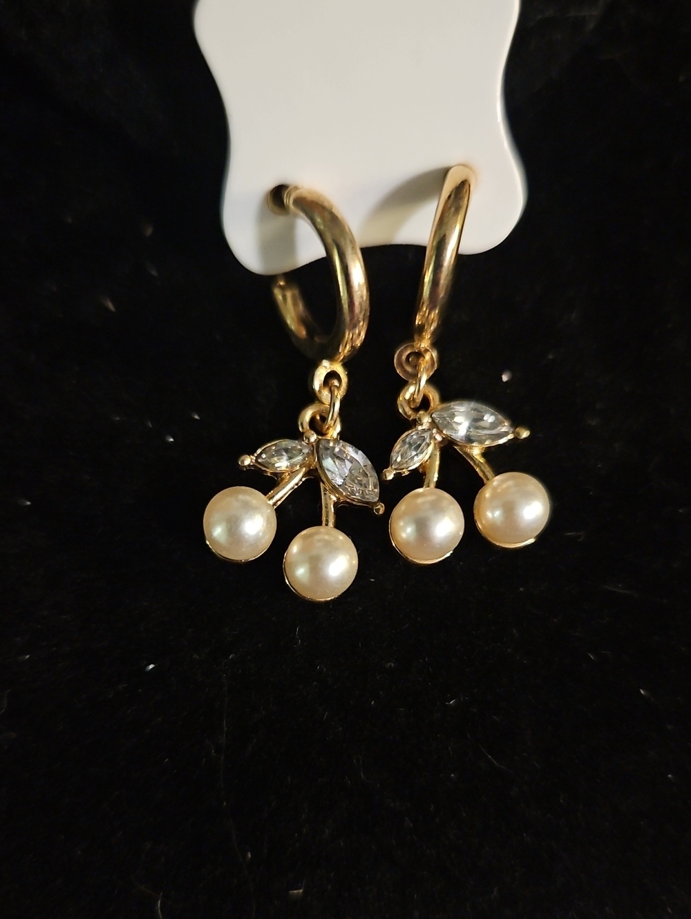 Gold Pearl Cherry Drop Hoop Earrings - Women Jewelry
